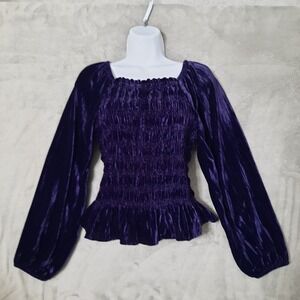 Purple Velvet Smocked Crop Top Womens XL Peasant Ren Faire Whimsigoth Witchy
